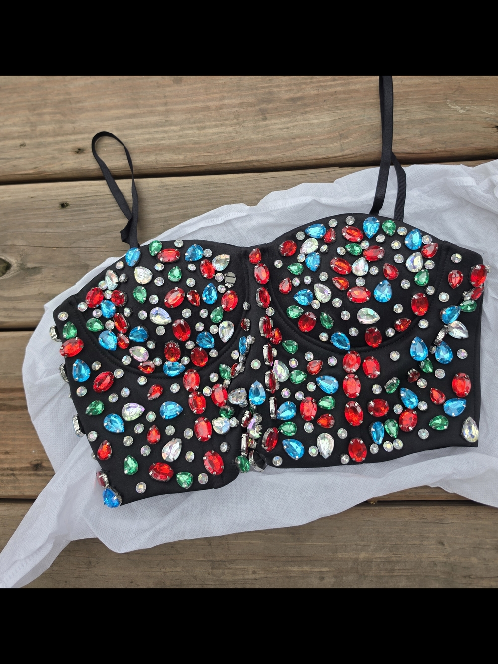 AKIRA Black Strapless Bustier Top. Embellished With Jewels. Rhinestones. Gems